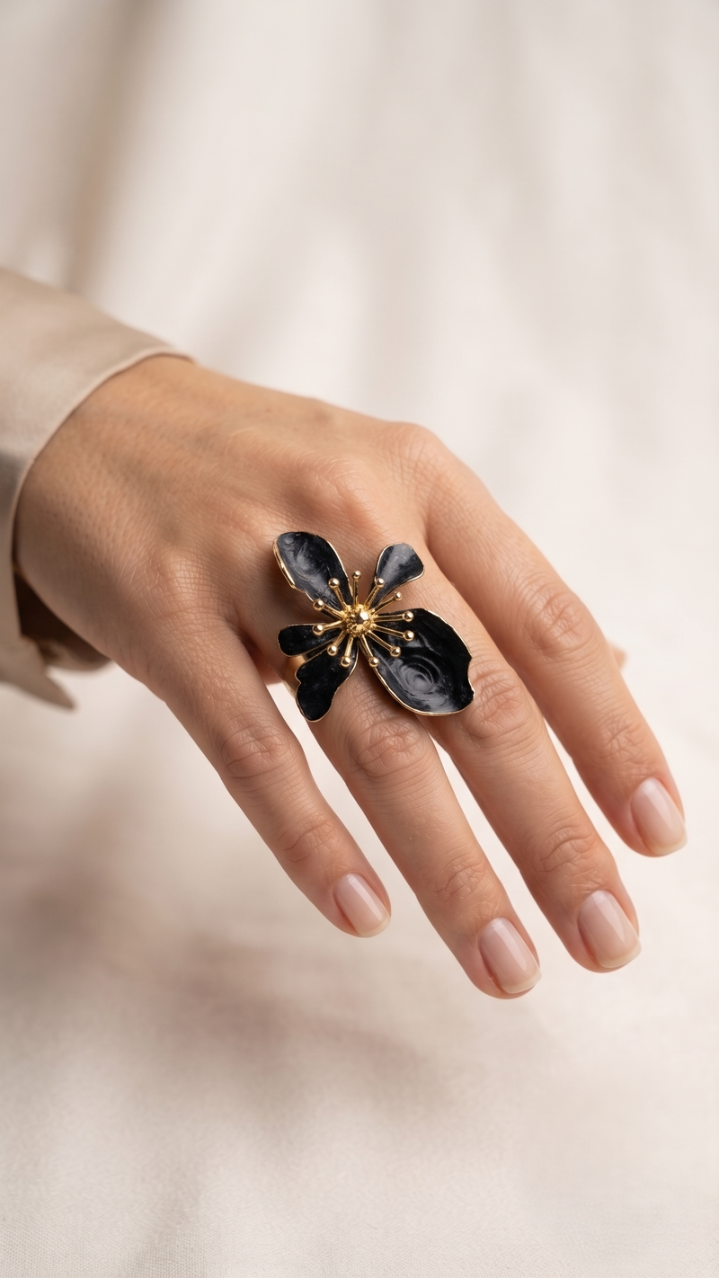 Anillo Orquidea Negra Chapadas En Oro