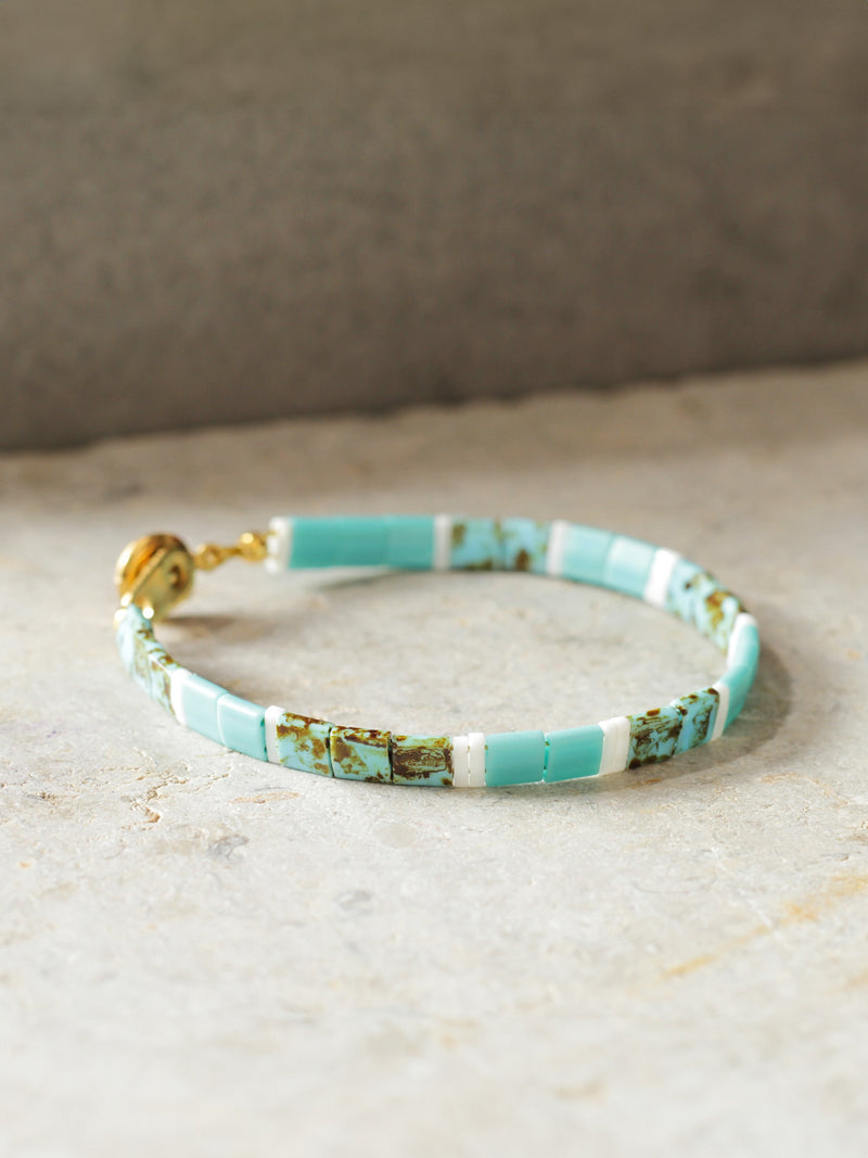 Brazalete Miyuki Tila Turquesa Marmolizada Nieve 5mm